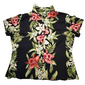 Two Palms Hawaiian Shirt Womens Large Black Floral Rayon Made in Hawaii Tropical
